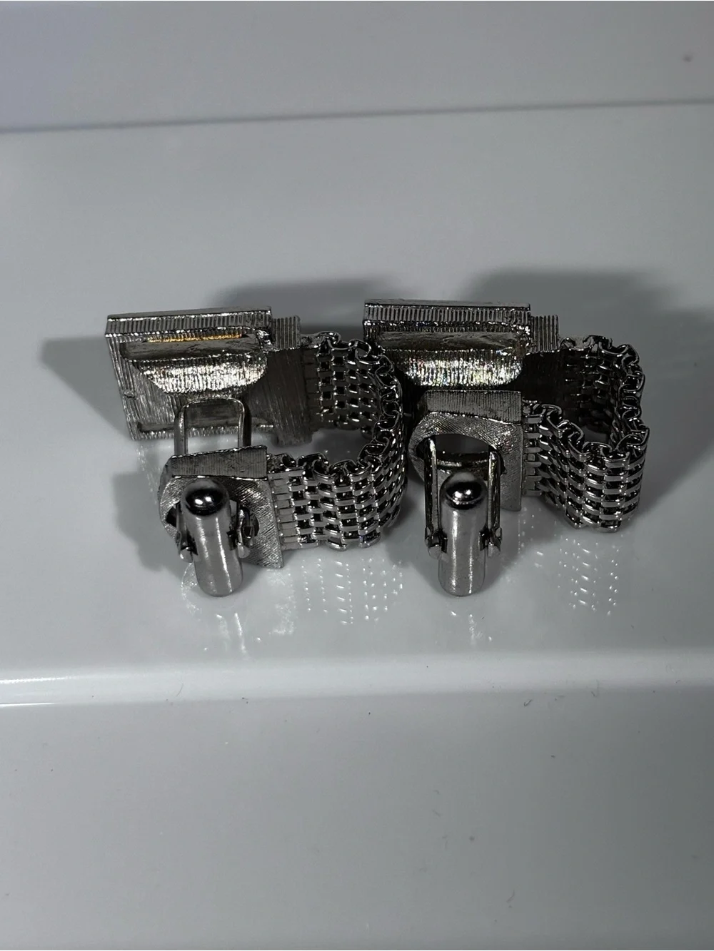 Vintage Swank mesh wrap cufflinks smoky quartz silver tone Retro Mid Century 70s